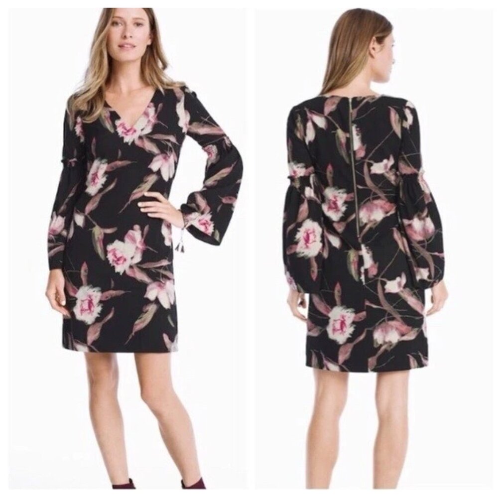 WHBM Dress 10 Black Pink Floral Stretch Career Church Washable 3/4 Long Sleeve